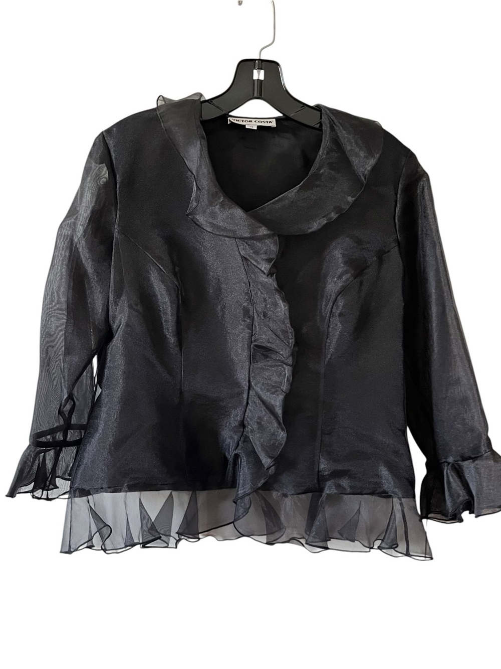 Victor Costa Sheer Black Organza Ruffled Chiffon Evening Jacket